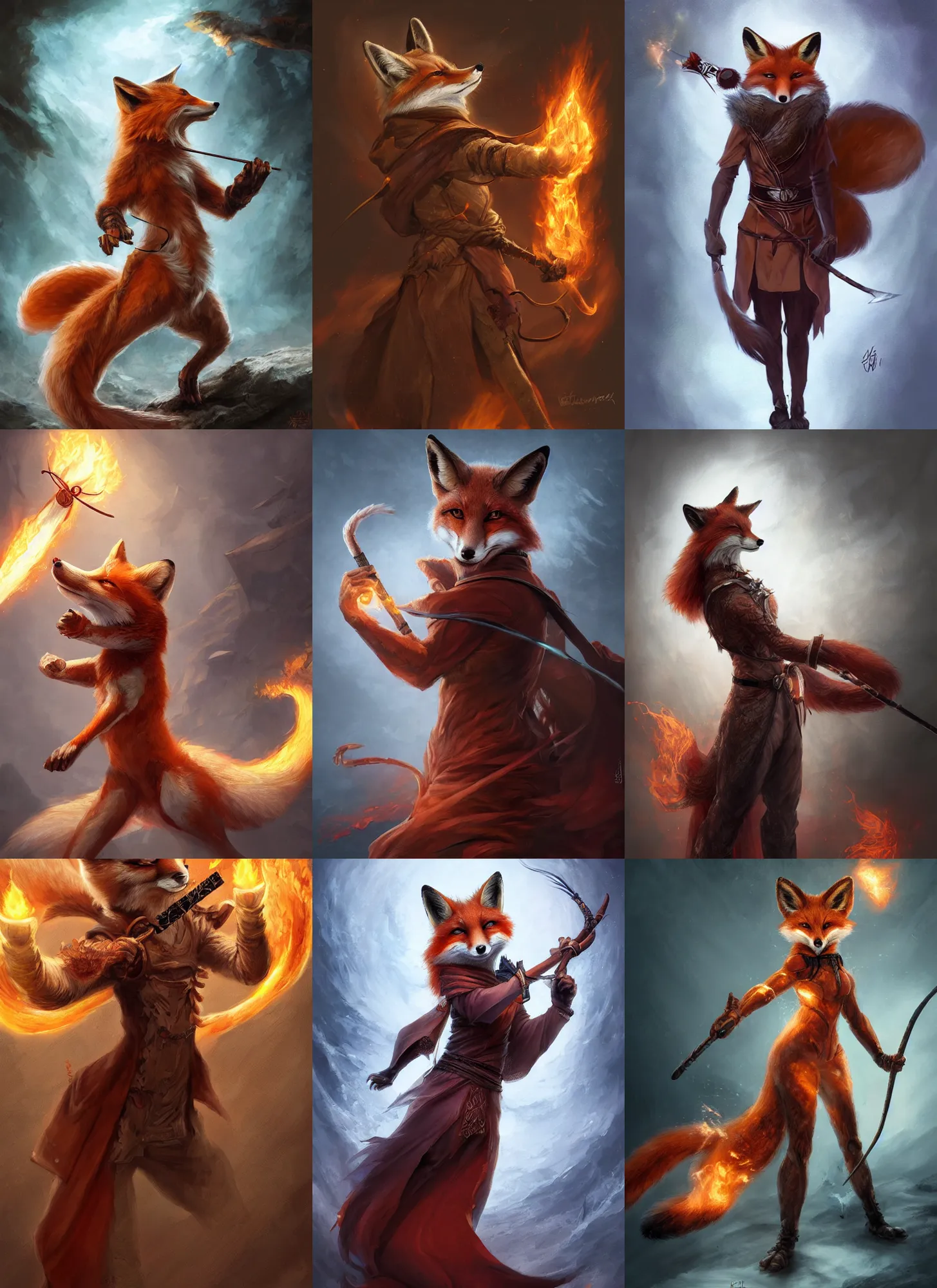 Prompt: anthropomorphic fox firebender holding a wand, kitsune, full body, digital painting, intricate, sharp focus, aleksi briclot, rutkowski