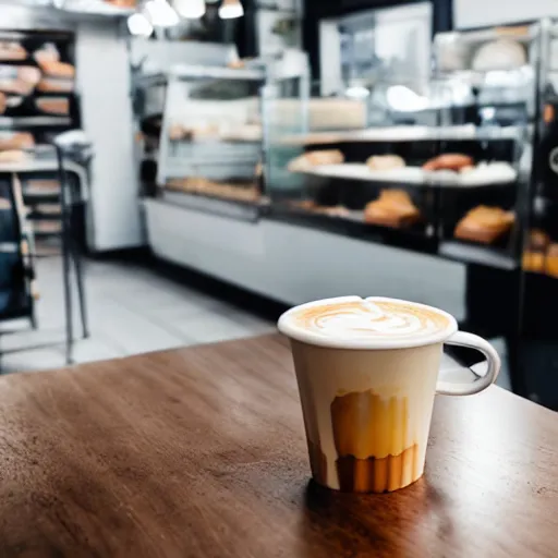 Prompt: a cup of latte in a mug imitating a toilet, fresh bakeries in the background, in a bright cafe, 3 5 mm, f 1. 8