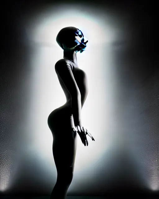 Prompt: black and white high quality photo of a beautiful futuristic dancing female posthuman-insect-cyborg looking into a sci-fi mirror:: volumetric lighting, liminal space, brutalism, foggy, dreamy, hyperdetailed, bokeh, photorealistic, cinematic, masterpiece, Metropolis, elegant, dark, octane render, 8K, in the style of Dora Maar and Man Ray