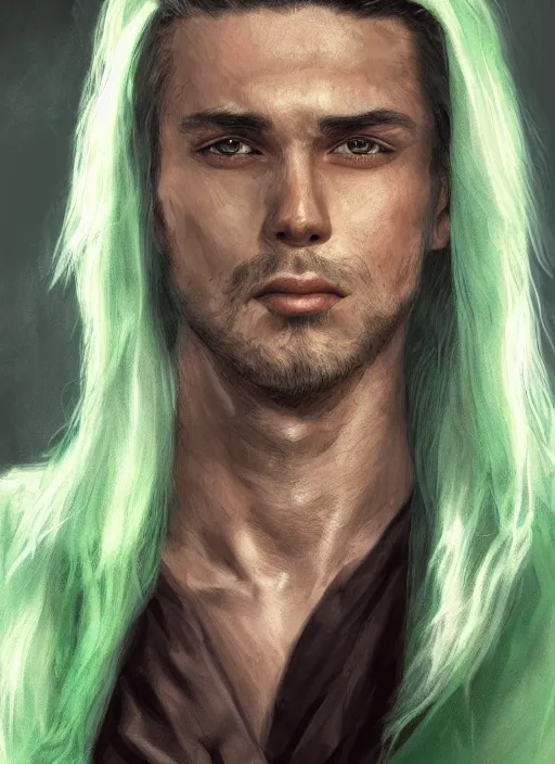 Prompt: a handsome man portrait, demeanour of a transcendent being, sage, character, closeup headshot, white long hair, wearing green robe, in the style of artgerm, wlop, alexis franklin, cgsociety, 8 k resolution, detailed