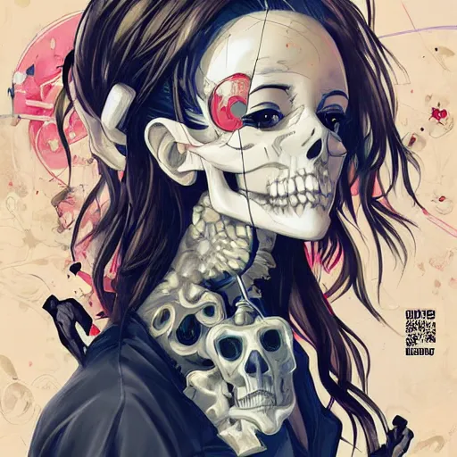 Image similar to anime manga skull portrait young woman skeleton, artgerm, painterly, logo, graffiti, elegant, highly detailed, digital art, art by jc leyendecker and sachin teng