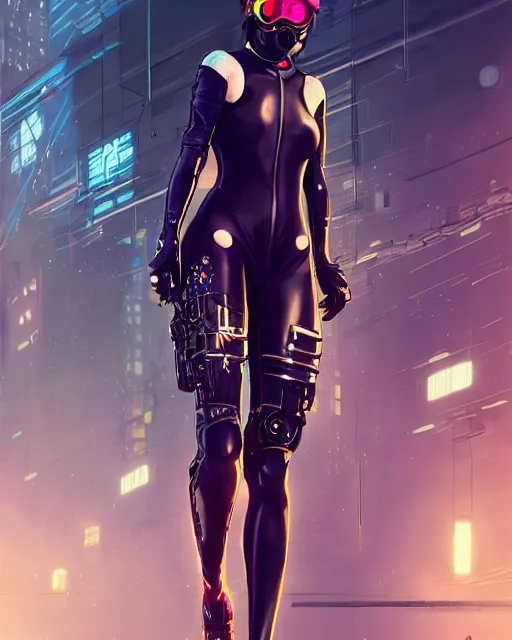 Image similar to girl wearing cyberpunk intricate catsuit riding bike, respirator, detailed portrait, cell shaded, 4 k, concept art, by wlop, ilya kuvshinov, artgerm, krenz cushart, greg rutkowski, pixiv. cinematic dramatic atmosphere, sharp focus, volumetric lighting, cinematic lighting, studio quality