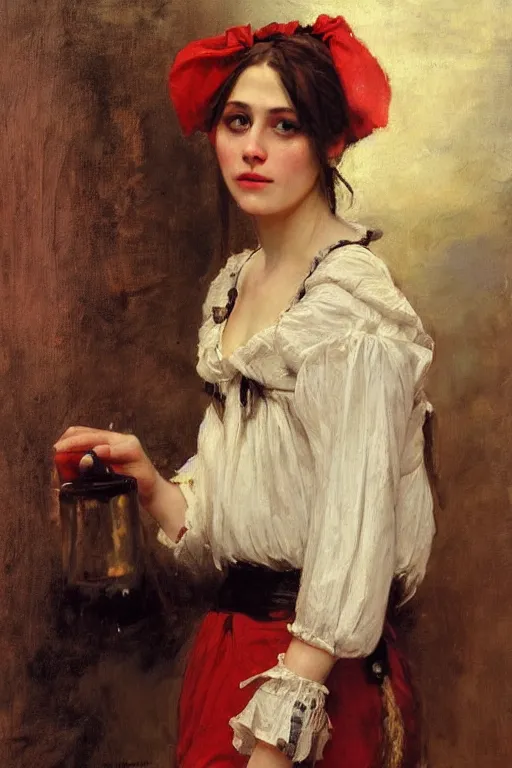 Image similar to Solomon Joseph Solomon and Richard Schmid and Jeremy Lipking victorian genre painting full length portrait painting of a young beautiful woman traditional german barmaid in fantasy costume, red background