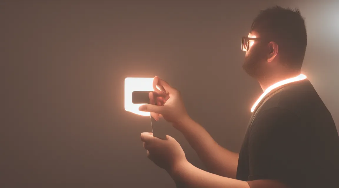 Prompt: Fat redditor illuminated by his phone screen, Canon, 100mm, octane render, photorealistic, detailed, cinematic, 8k no blur, volumetric lightning