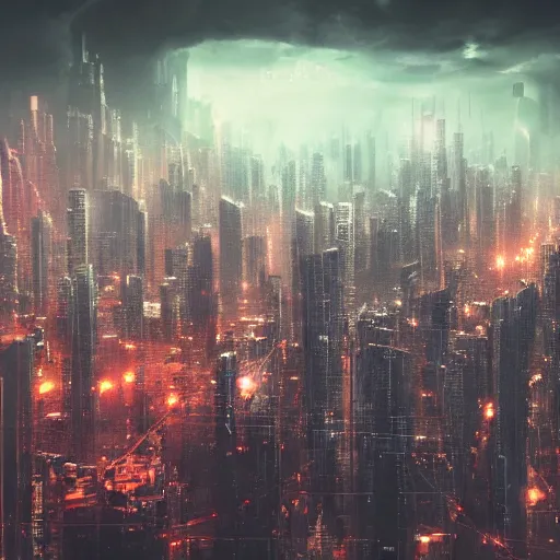 Image similar to aerial shot of the impressive dystopian cyberpunk city at night during amazing storm