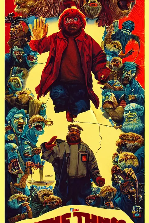 Image similar to the thing 1 9 8 2 movie painted poster with intricate detail in the style of drew struzan & zdzislaw beksinksi