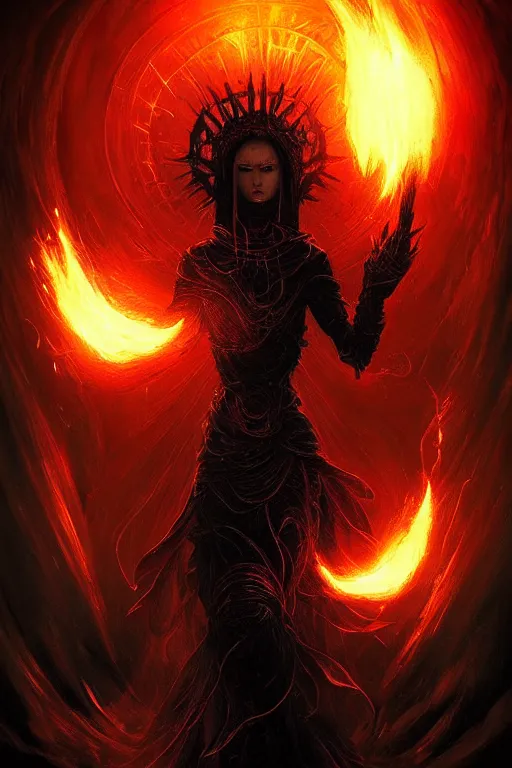 Image similar to Black Orb of Fire, digital art, fantasy, magic, trending on artstation, illustration by Seb McKinnon and Peter Mohrbacher, ultra detailed, atmospheric, powerful presence, bossfight, darksouls, grand finale, explosive entrance, final battle, cutscene, cinematic lighting, beautiful goddess, unleashing the power of the flame, burning pulse, close-up