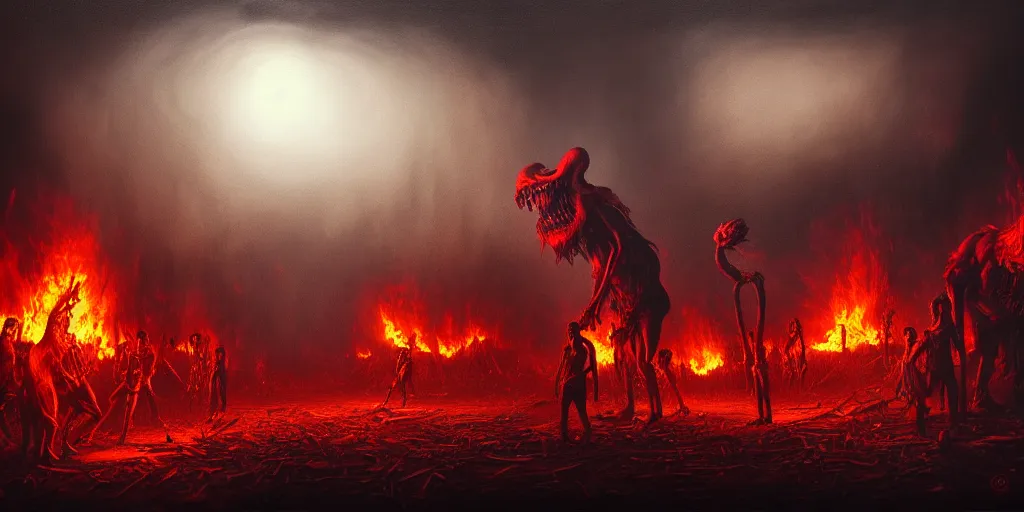 Image similar to repressed emotion creatures and monsters riot in a fiery wasteland, dramatic lighting glow from giant fire, attempting to escape to the surface and start a revolution, in a dark surreal painting by ronny khalil