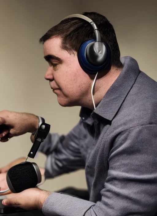 Image similar to photograph of thomas aquinas recording a podcast wearing headphones 8k UHD detailed 85mm CANON EOS