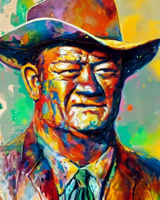 Prompt: abstracted john wayne painted in extremely thick, glazed impasto splatter paint, in muted color's, in impressionist styles