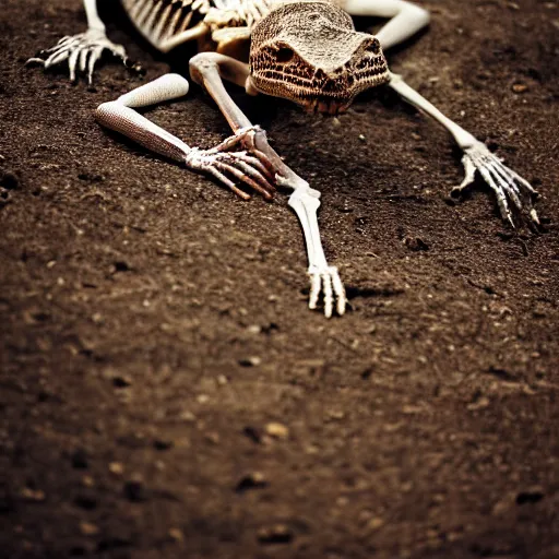 Image similar to a skeleton lizard man, nature photography, cinematic,