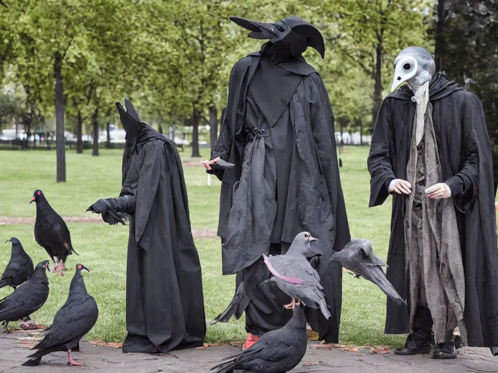 Prompt: plague doctor in a park feeding pigeons