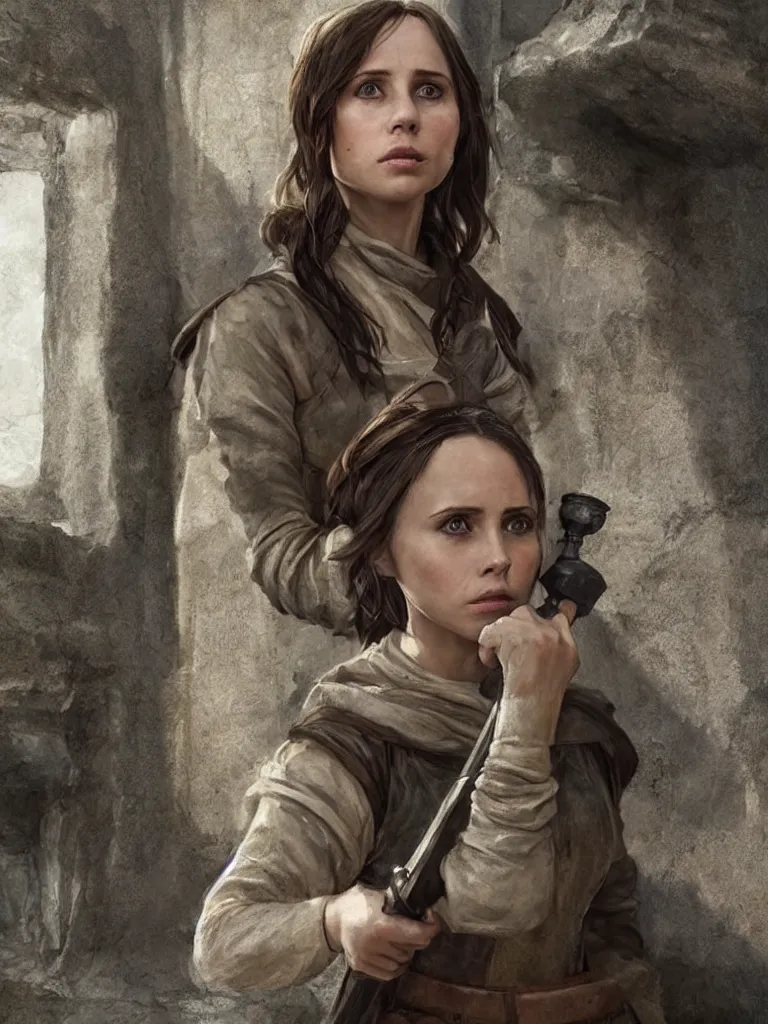 Prompt: portrait of jyn erso as a beautiful medieval wench in a stone courtyard holding a modern telephone, low cut, confident pose, coherent, insane detail, concept art, character concept, cinematic lighting, global illumination radiating a glowing aura