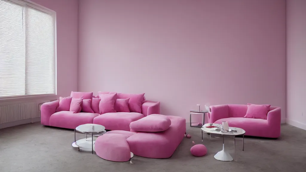 Prompt: pink velour sofa, white walls, daytime, soft light through blinds, pizza party, by herbert james harper, detailed, volumetric lighting, concept art, cinematic, 3 5 mm lens, 4 k