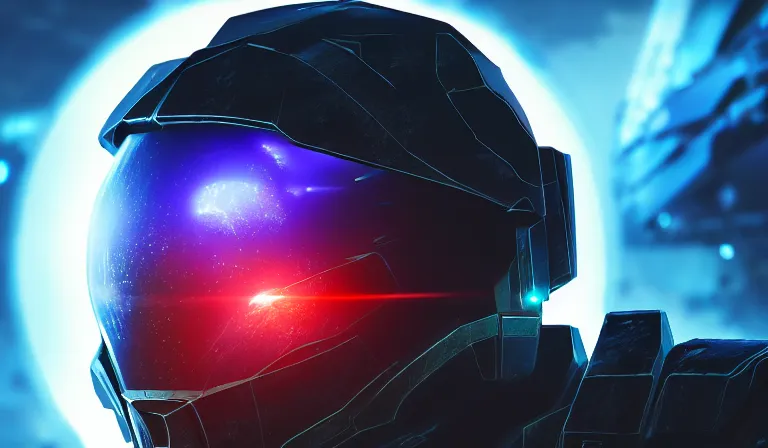 Image similar to cyberpunk halo helmet on space, planet behind, close shot, reflection, epic, dramatic, cinematic, award winning, ultra detailed, realistic, 8k,