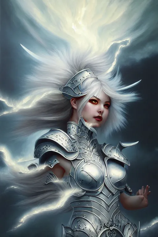 Image similar to oil painting, white, sakimi chan, fantasy armor, detailed face, flying, tony sart, wind, lightning, dramatic lighting