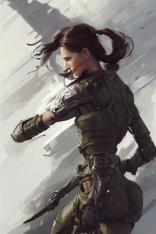 Image similar to a professionally painted portrait of an attractive young woman, clothed in military armor, olive skin, long dark hair, beautiful bone structure, symmetrical facial features, intricate, elegant, digital painting, trending on Artstation, concept art, smooth, sharp focus, illustration, from Metal Gear by Ruan Jia and Mandy Jurgens and Artgerm and William-Adolphe Bouguerea, award winning