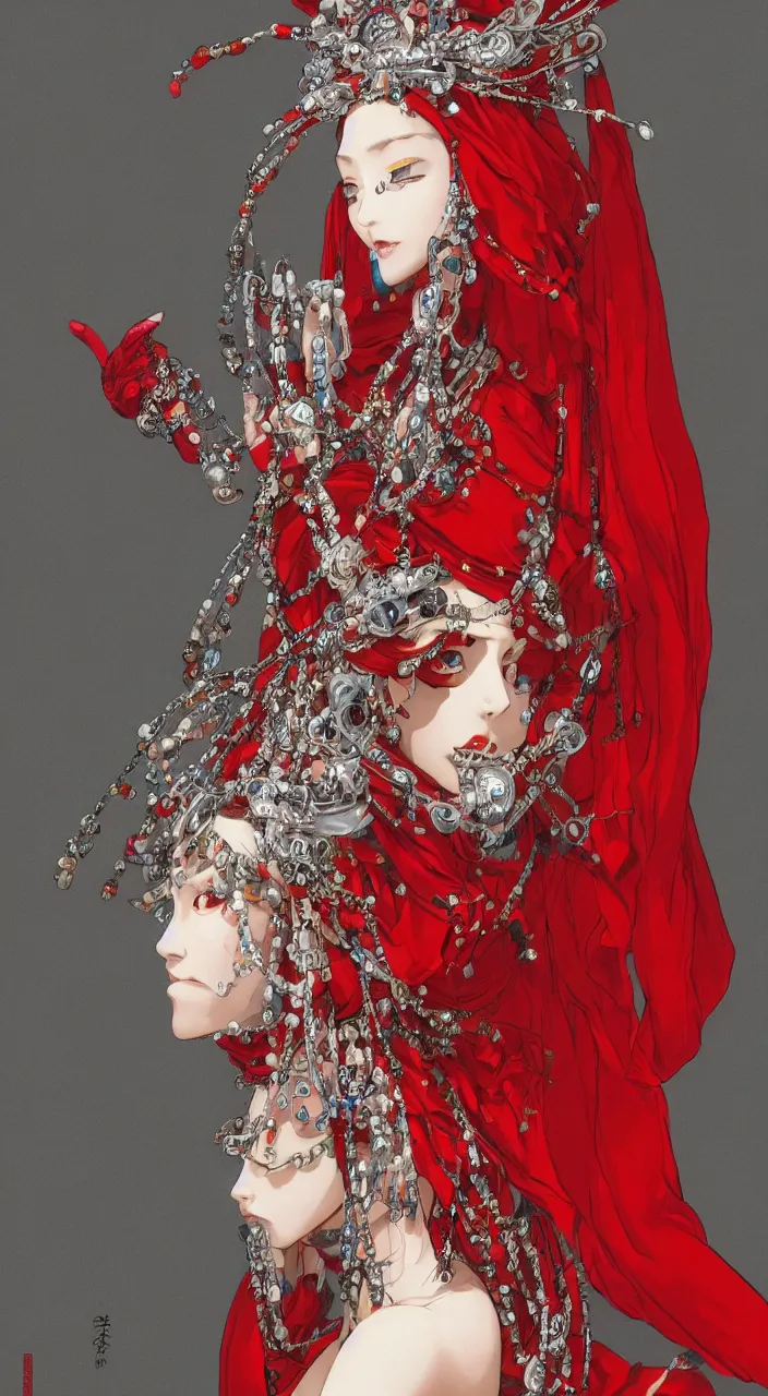 Prompt: a female character design wearing high fashion, beads hanging over her face like an alexander mcqueen headdress, haute couture, dior, and a red cape by kawase hasui, moebius, hd, 8 k, artstation, high quality, ultra detailed