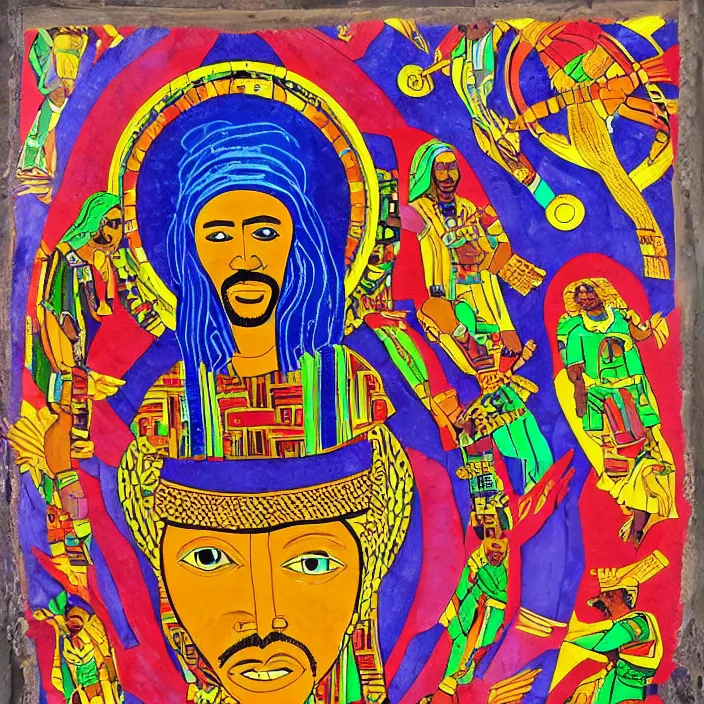 Image similar to UFO hovering over an African Jesus , colourful, in the style of Nigerian truck art (Eagle & Snake, Kano),