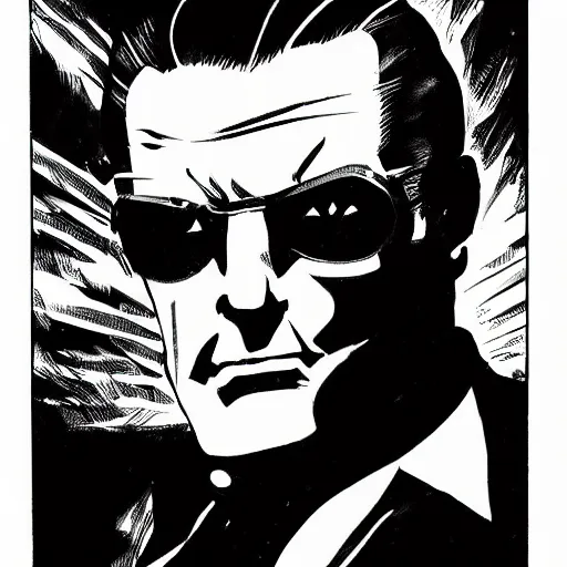 Image similar to a mafia boss with slicked back hair, in a cyberpunk setting, comic book art, art by stan lee, pen drawing, inked, black and white, dark, moody, dramatic, deep shadows, marvel comics, dc comics