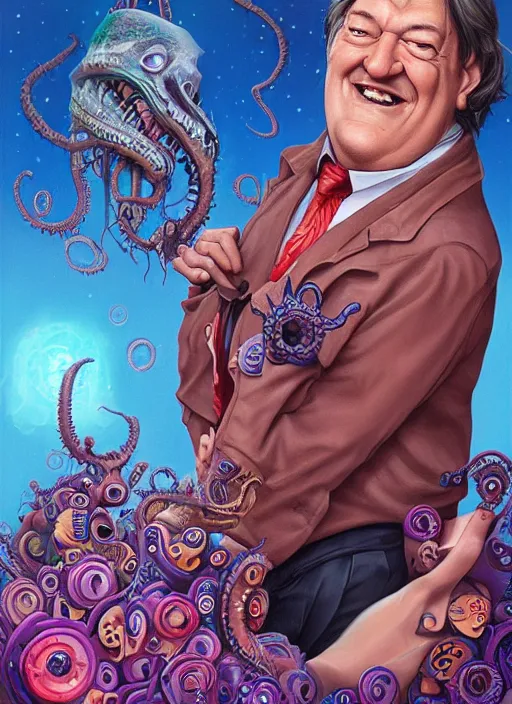 Image similar to lovecraftian portrait of happy stephen fry, pixar style, by tristan eaton stanley artgerm and tom bagshaw