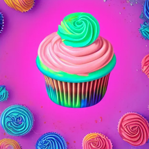 Prompt: a cupcake with purple frosting and pink sprinkles, a pastel by Lisa Frank, trending on cgsociety, rasquache, biomorphic, trypophobia, lovecraftian