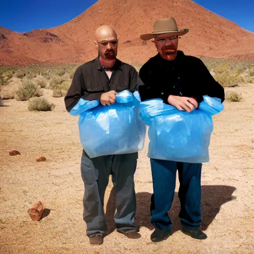 Prompt: Ted bear and walter white holding ziploc bags of crystal blue meth, in the desert, film still, 4k, photorealistic, hd