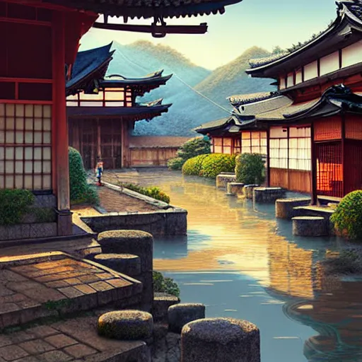 Image similar to old japanese town with garden viewed from harbor, d & d digital painting, ultra realistic, beautiful, volumetric lighting, warm colors advance, cell shading, by james jean, greg rutkowski,