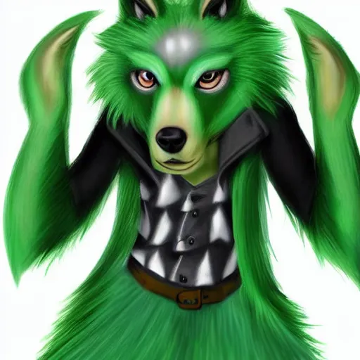 Image similar to Beautiful digital painting of an anthro anthropomorphic pastel-green wolf, Punk outfit. cute