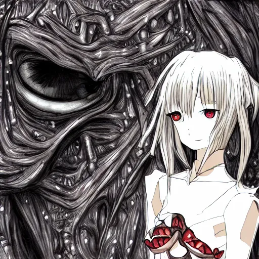 Prompt: beautiful anime girl, punch the chair monster, inspired by h. r. giger in, anime style