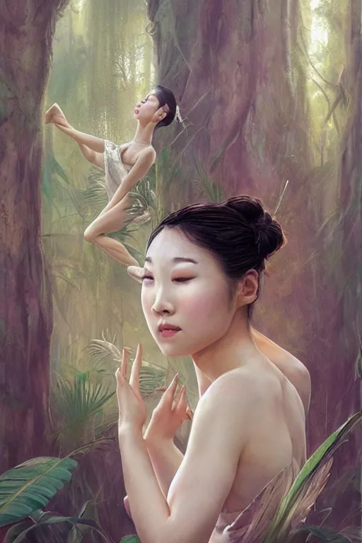 Image similar to stunningly beautiful, asian prima ballerina in jungle, symmetrical face, golden hour, smooth, focus, highly detailed, hyper realistic, dramatic lighting, elegant, intricate, concept art, art by wlop, mars ravelo, greg rutowski