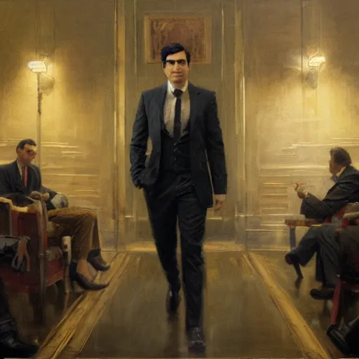 Image similar to detailed cinematic wide shot of sucession atractive man black hair black suit smooth, sharp focus, ultra realistic, in corporate office spring light, painting by gaston bussiere, craig mullins, j. c. leyendecker