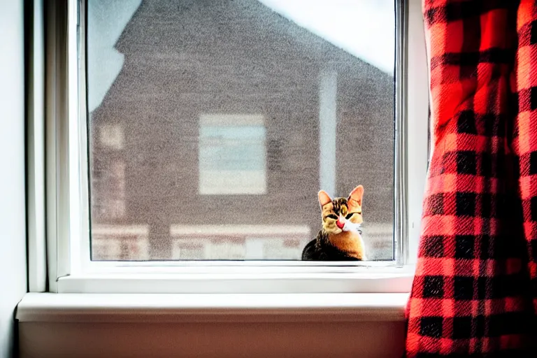 Image similar to cat sitting on the windowsill wrapped in a plaid plaid, Mushroom cloud far behind