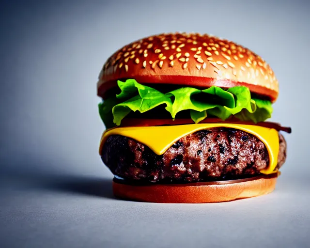 Image similar to juicy burger from a fast food restaurant, depth of field, food photography, isometric, tasty, mcdonalds, wide shot, studio, bokeh, gmaster, cooking, food, kodak, sony, canon