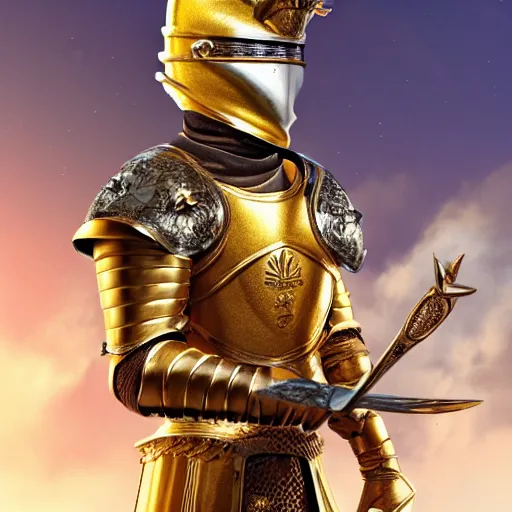 Image similar to a highly detailed knight in a T golden helmet and a golden crown with a blue diamond in the center, golden armor, leather clothes under the armor, leather gloves, holds a black sword, artstation, DeviantArt, professional, octane render, sunset lighting