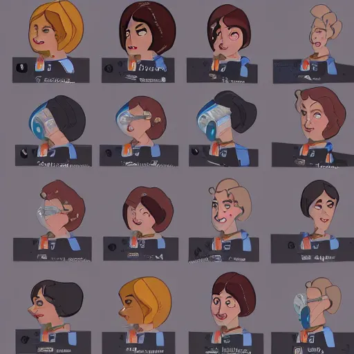 Image similar to a character expression sheet for a quirky female space engineer character in the style of an animated feature film concept art, detailed, beautiful digital painting, expressive, well drawn, expert, characterful, unique, emotive, emotional