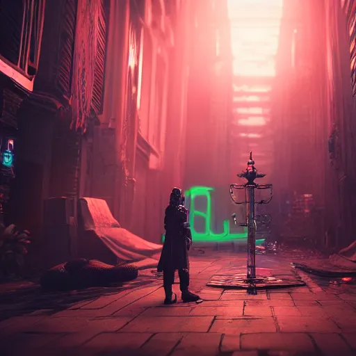 Image similar to A cyberpunk human wizard summoning a diabolical creature in an occult environment. dark atmosphere, octane render, 4k, 8k, untra realistic, unreal engine, cinematic composition, neon