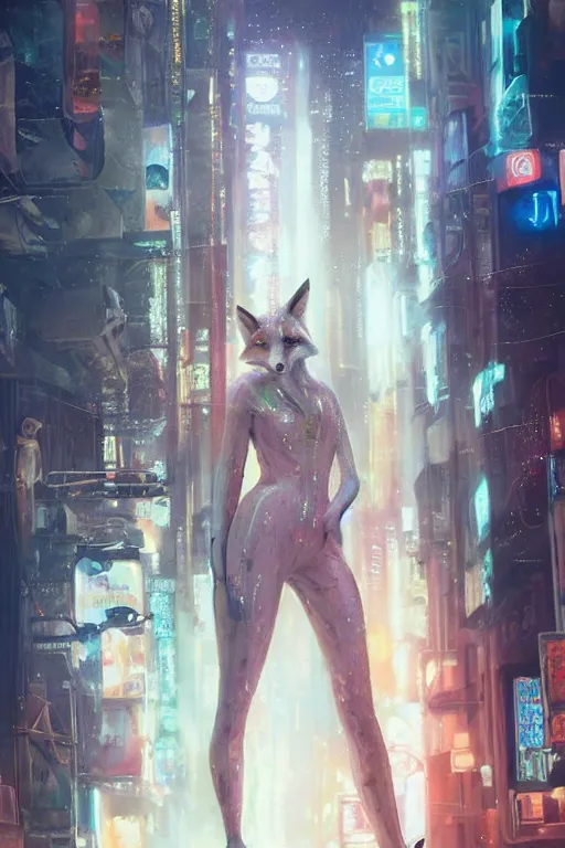 Image similar to beautiful portrait of a tall white female anthro fox smoking a cigarette towering head and shoulders above the bustling crowd of a rainy city street around her, sci fi bodysuit, cyberpunk, harsh neon lights, highly detailed, sharp focus, digital painting, illustration, trending on artstation, art by sakimichan, wlop, greg rutkowski