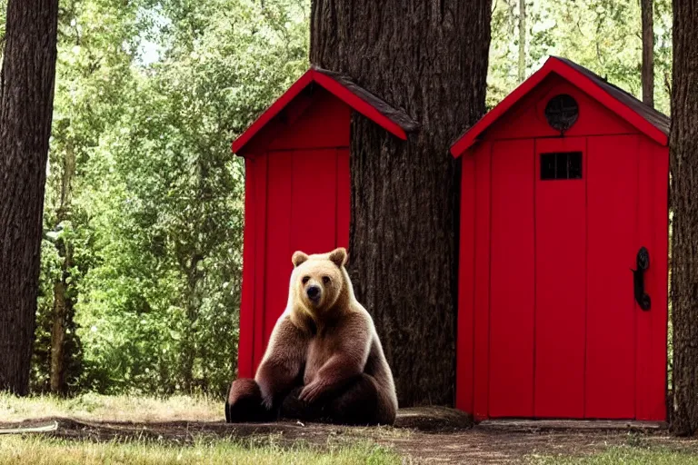 Prompt: grizzly wearing a red shirt sitting outside big tree with a red door by Roger Deakins