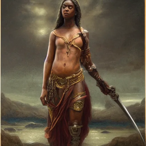 Image similar to artstation concept of a beautiful girl holding a sword in both hands, brown skin, sweaty skin, symmetrical face, casual white garment, brown canyon background, shiny colorful, hyperdetailed, artstation trending, world renowned artists, worth1000.com, historic artworks society, antique renewel, cgsociety, by greg rutkowski, by Gustave Dore, Deviantart