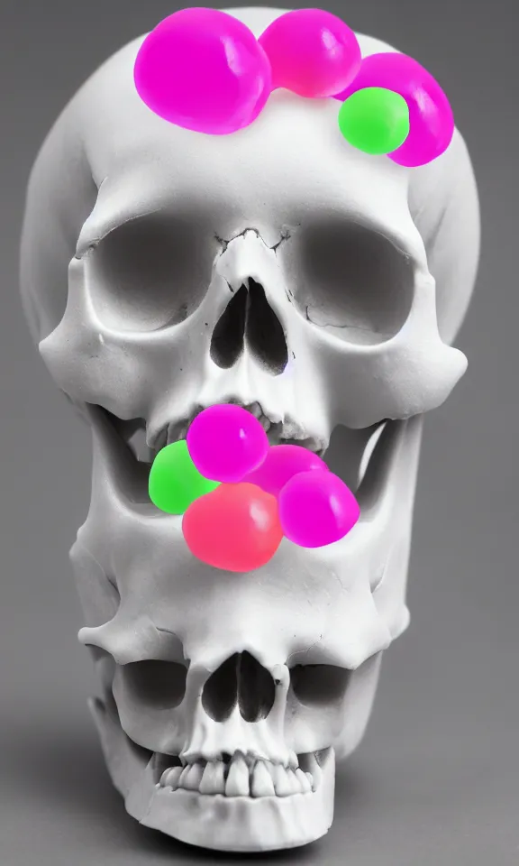 Prompt: closeup photo of a skull made out of bubble gum, 4k, highly detailed