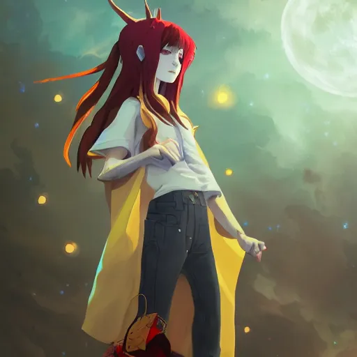 Prompt: a pale redheaded demoness with yellow eyes and horns wearing a jacket, galaxy background, highly detailed, digital painting, artstation, matte, by makoto shinkai, animation style, studio ghibli