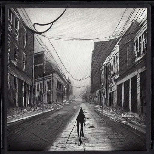 Prompt: A polaroid of a street with no one on it but a eldritch creature. Black and white, grainy, dark colors, cinematic lighting, hyper detailed, trending on art station.