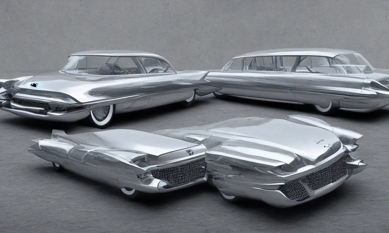 Image similar to futuristic 1957 silver cadillac, photograph, 16k, hyper realistic