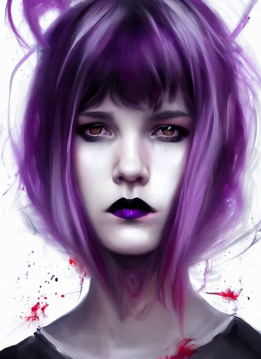 Image similar to portrait of white teenage girl, normal face, black bangs, mall goth, cyberlox, black and white hair, bangs, fluffy bangs, red contacts, purple lipstick, intricate, elegant, highly detailed, digital painting, artstation, concept art, sharp focus, smooth, illustration, art by wlop, mars ravelo and greg rutkowski