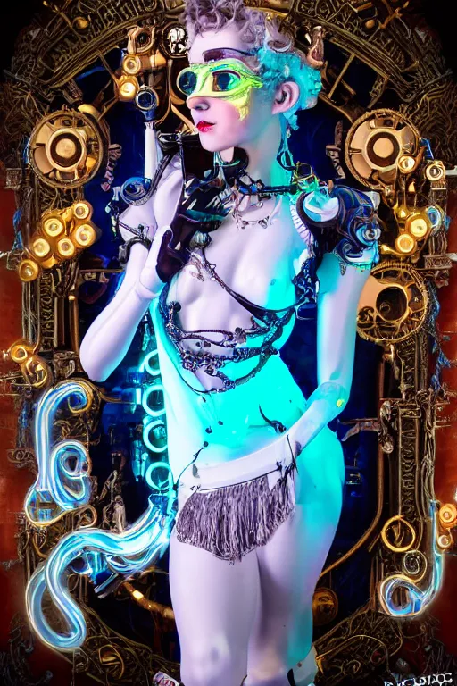 Image similar to full-body porcelain baroque steampunk futuristic style sculpture of a young beautiful goddess as a half-robot wearing cholo shades, blue glowing lips, mechanical fingers, oozing neon radioactive liquid, electric sparks, glowing hot magenta laser beam eyes, blue diamonds, golden steampunk necklace with a glowing white crystal orb, flowing pink satin, industrial fabrics, mechanical plants. baroque and steampunk elements. full-length view. baroque element. intricate artwork by caravaggio. Trending on artstation, octane render, cinematic lighting from the right, hyper realism, octane render, 8k, depth of field, 3D