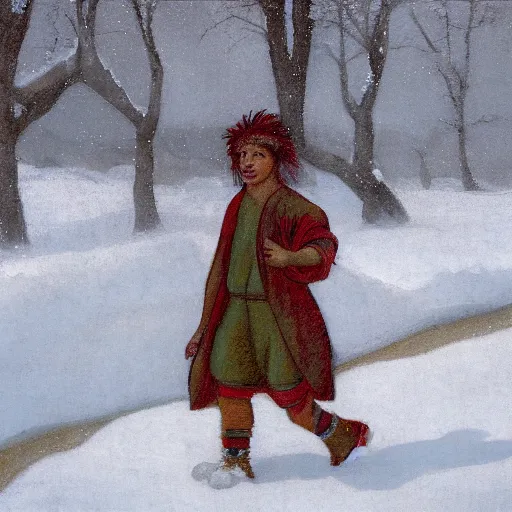 Prompt: a boy with colored dread hair walking in snow, 6 : 3 0 am, painted by michelangelo, 4 k, 1 3 0 mm