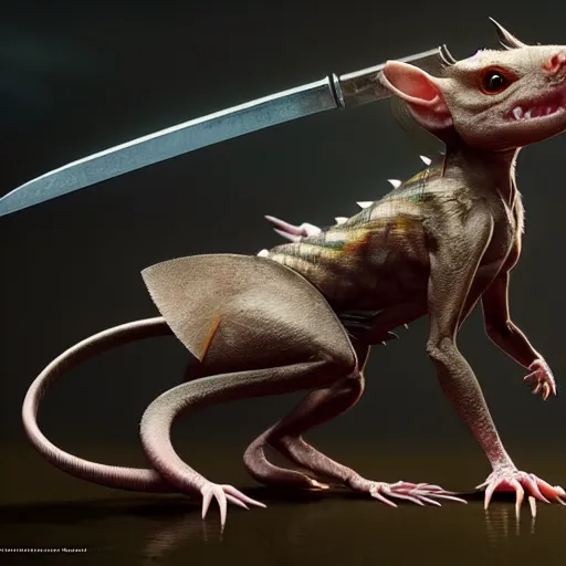 Image similar to a female rat creature with an swordtail, by greg rutkowski, design for magic the gathering, highly detailed, octane render, 4 k