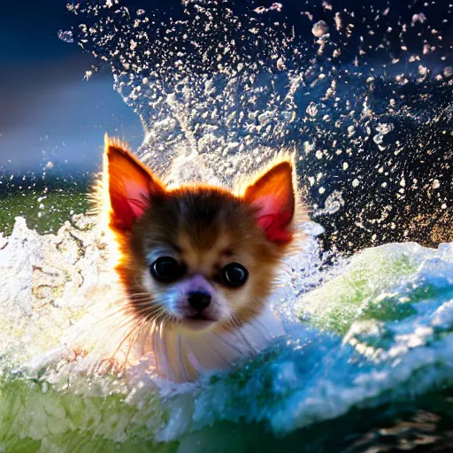 Image similar to a closeup photorealistic photograph of a cute kitten - chihuahua hybrid splashing in the surf during sunset. professional capture, well lit shot. this 4 k hd image is trending on artstation, featured on behance, well - rendered, extra crisp, features intricate detail, epic composition and the style of unreal engine.