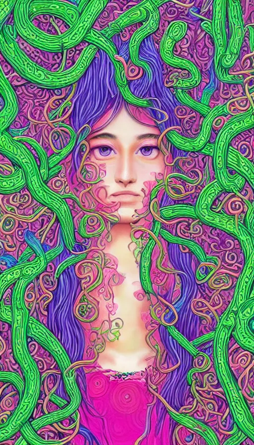 Image similar to very detailed portrait of a 2 0 years old girl surrounded by tentacles, the youg woman visage is blooming from fractal and vines, by lisa frank,